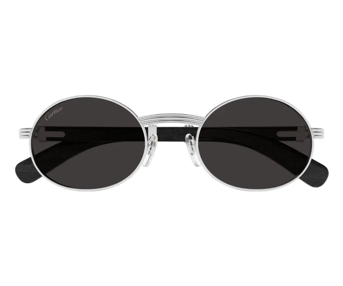 Round sunglasses with dark lenses and silver frame on a white background