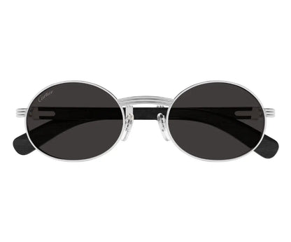 Round sunglasses with dark lenses and silver frame on a white background
