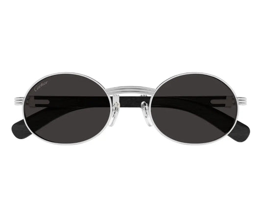 Round sunglasses with dark lenses and silver frame on a white background
