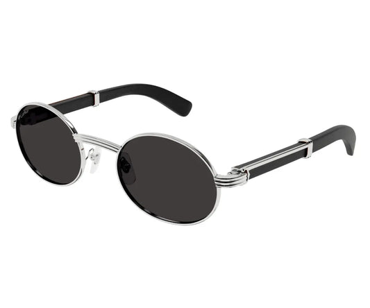 Sunglasses with oval lenses and black frames on a white background
