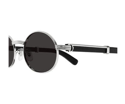 Round sunglasses with black lenses and silver frames on a white background