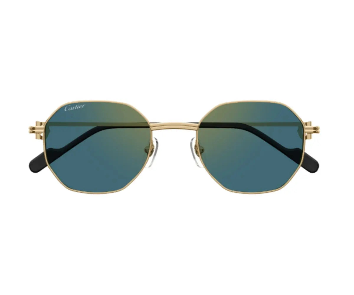 Round sunglasses with gold frame and blue lenses on a white background