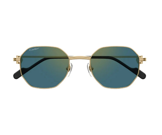 Round sunglasses with gold frame and blue lenses on a white background