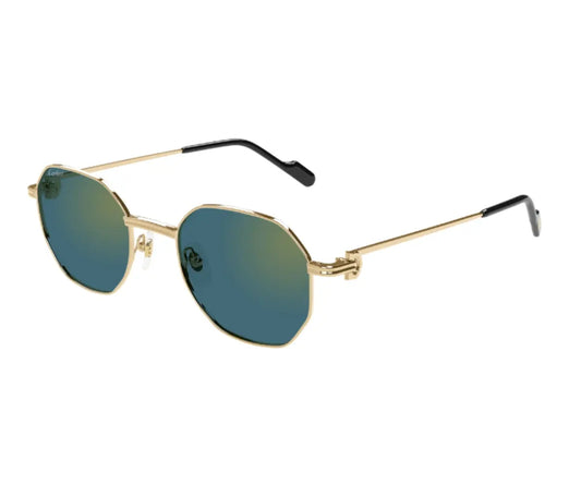 Gold-framed sunglasses with green lenses on a white background