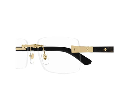 Eyeglasses with gold and black frame on a white background