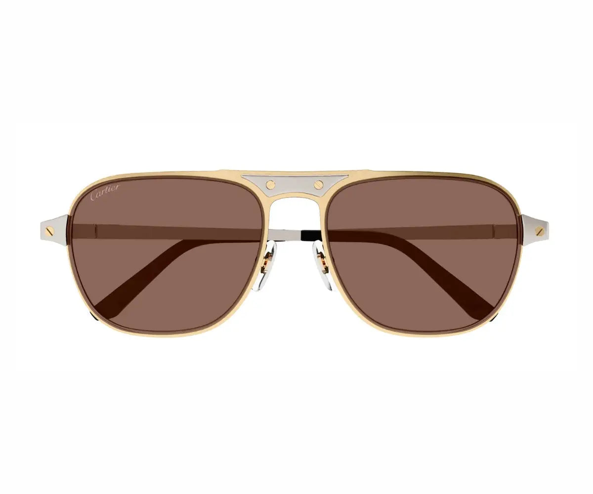 Gold-framed sunglasses with brown lenses on a white background