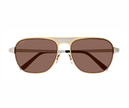 Gold-framed sunglasses with brown lenses on a white background