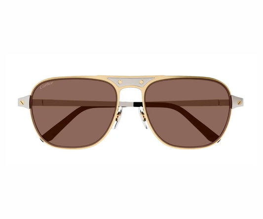 Gold-framed sunglasses with brown lenses on a white background
