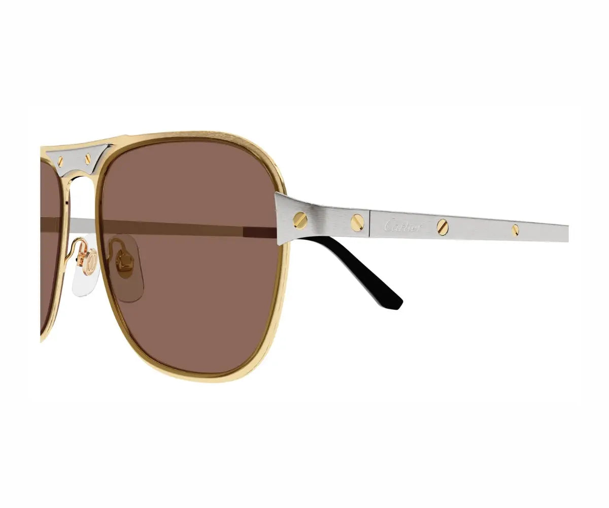 Sunglasses with gold frame and brown lenses on a white background