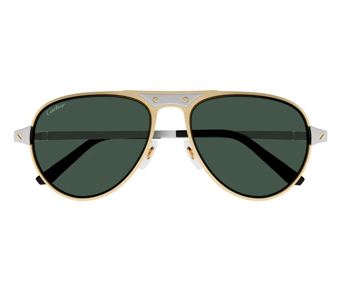Gold and silver sunglasses with dark lenses on a white background