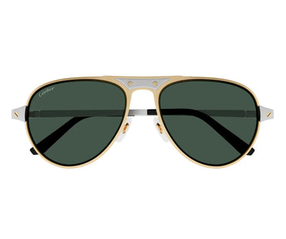 Gold and silver sunglasses with dark lenses on a white background