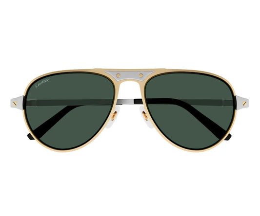 Gold and silver sunglasses with dark lenses on a white background