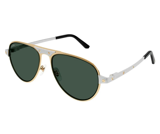 Sunglasses with gold and silver frame on a white background