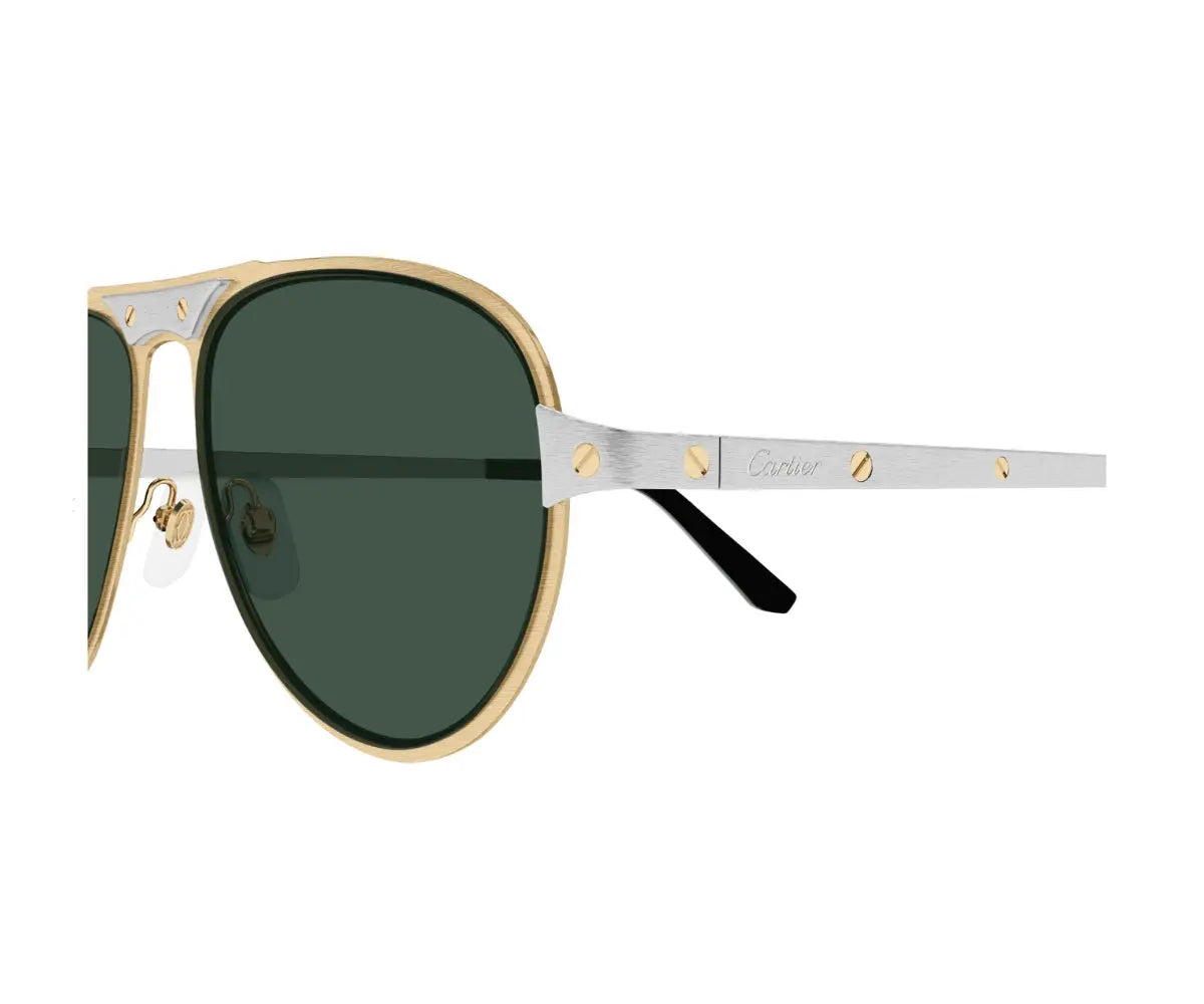 Sunglasses with gold frame and green lenses on a white background