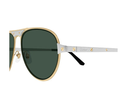 Sunglasses with gold frame and green lenses on a white background