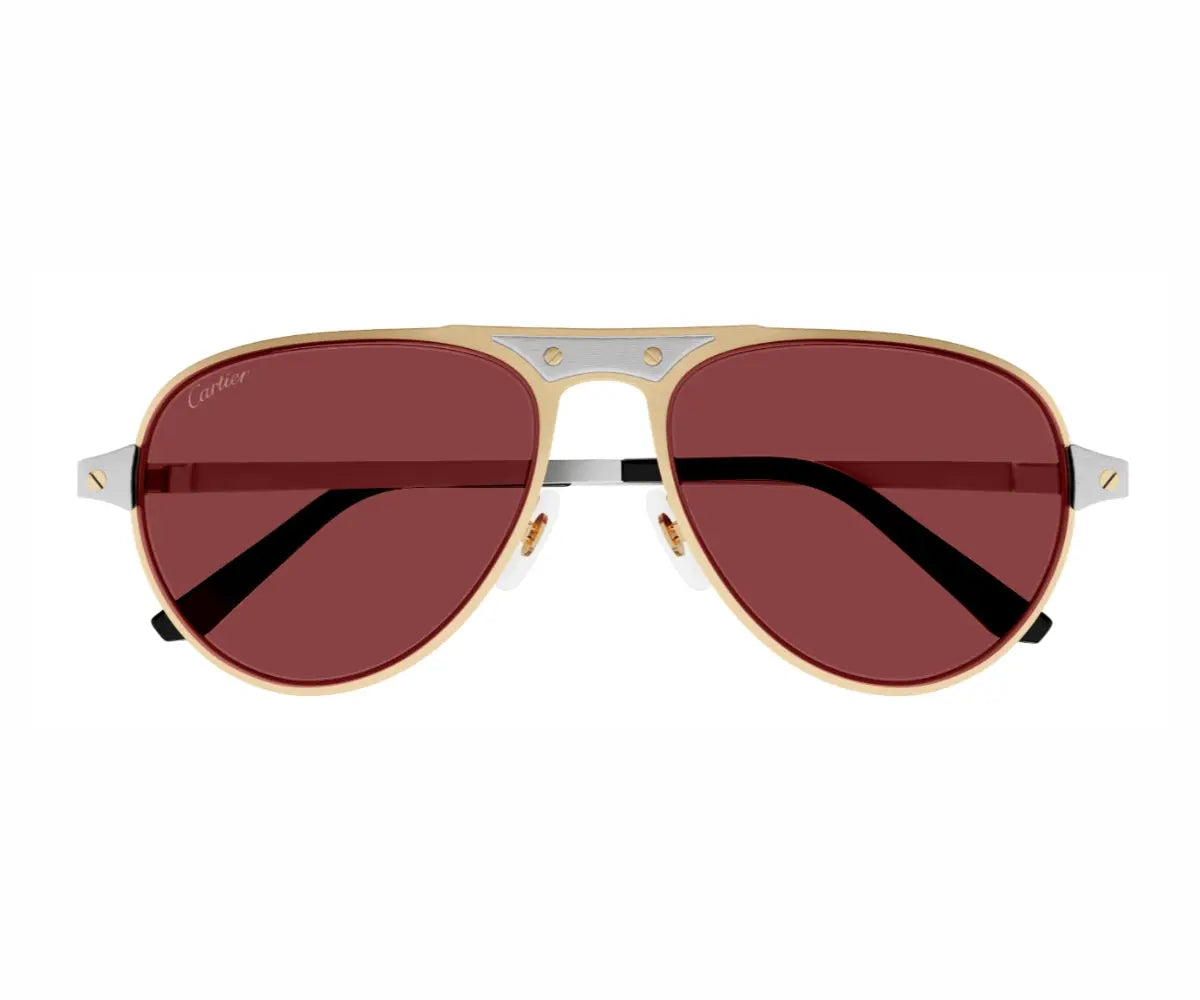 Gold-framed sunglasses with red lenses on a white background