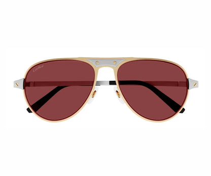 Gold-framed sunglasses with red lenses on a white background