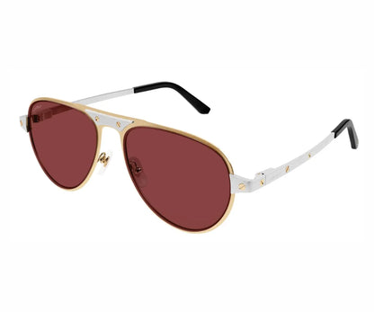 Aviator sunglasses with gold frame and red lenses on a white background