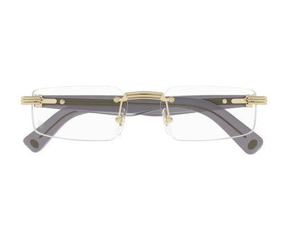 Eyeglasses with gold frame and gray arms on a white background