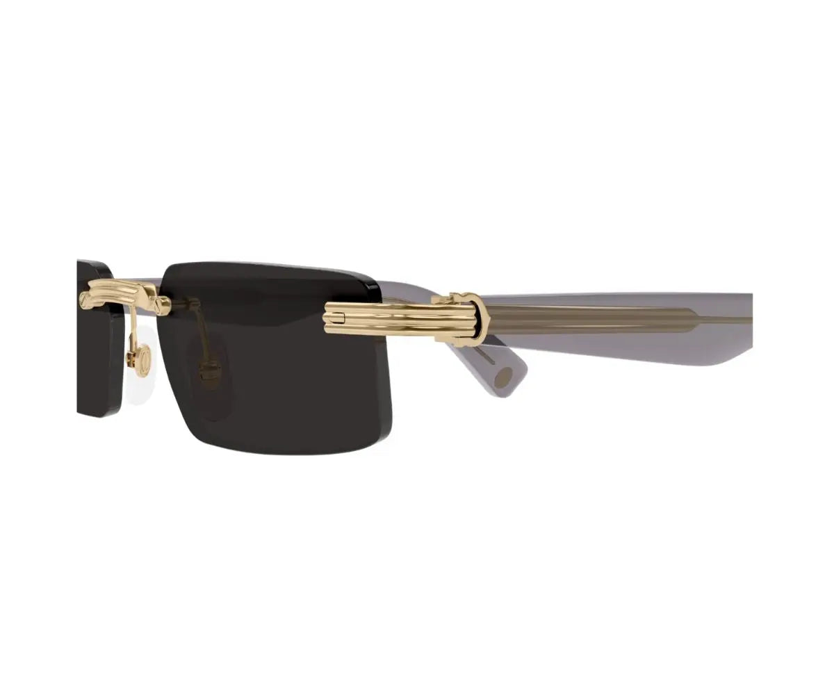 Sunglasses with gold frame and black lenses on a white background