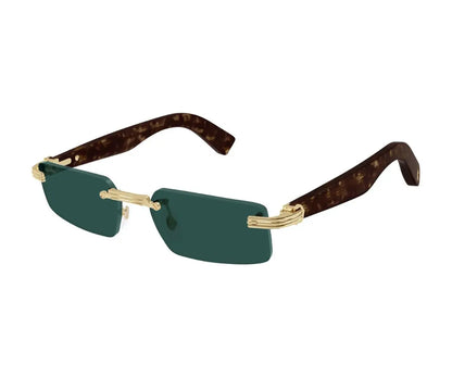 Sunglasses with green lenses and gold frames on a white background