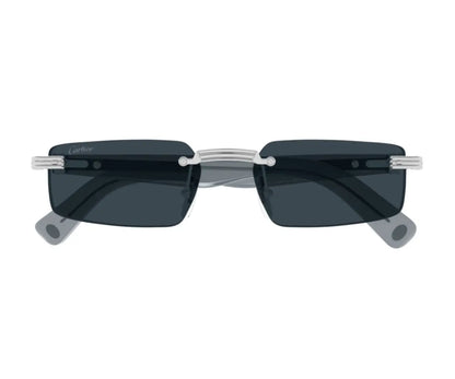 Sunglasses with dark lenses and thin metal frame on a white background