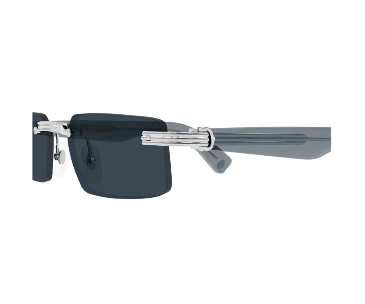 Sunglasses with silver frame and dark lenses on a white background