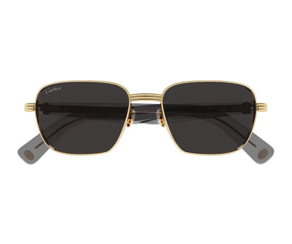 Gold-framed sunglasses with dark lenses on a white background