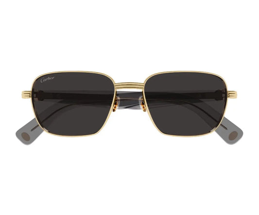 Gold-framed sunglasses with dark lenses on a white background