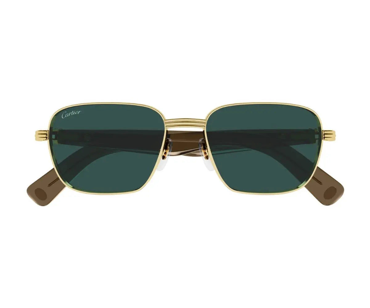 Gold-framed sunglasses with green lenses on a white background