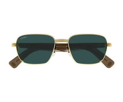 Gold-framed sunglasses with green lenses on a white background