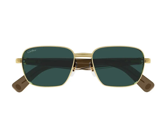 Gold-framed sunglasses with green lenses on a white background
