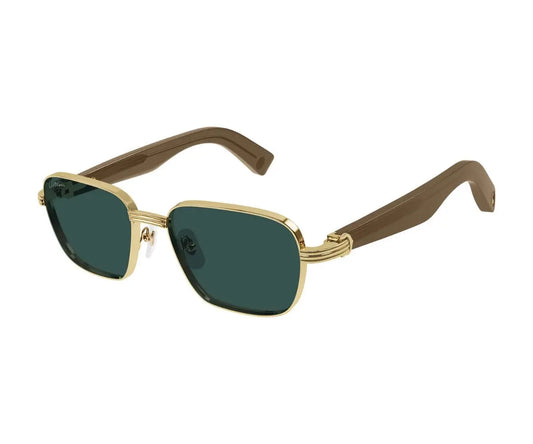 Sunglasses with gold frame and brown arms on a white background
