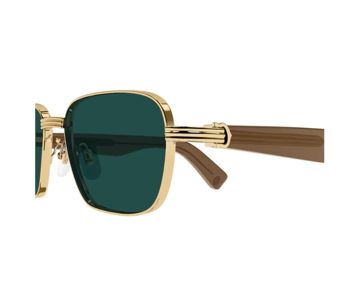 Gold-framed sunglasses with green lenses on a white background