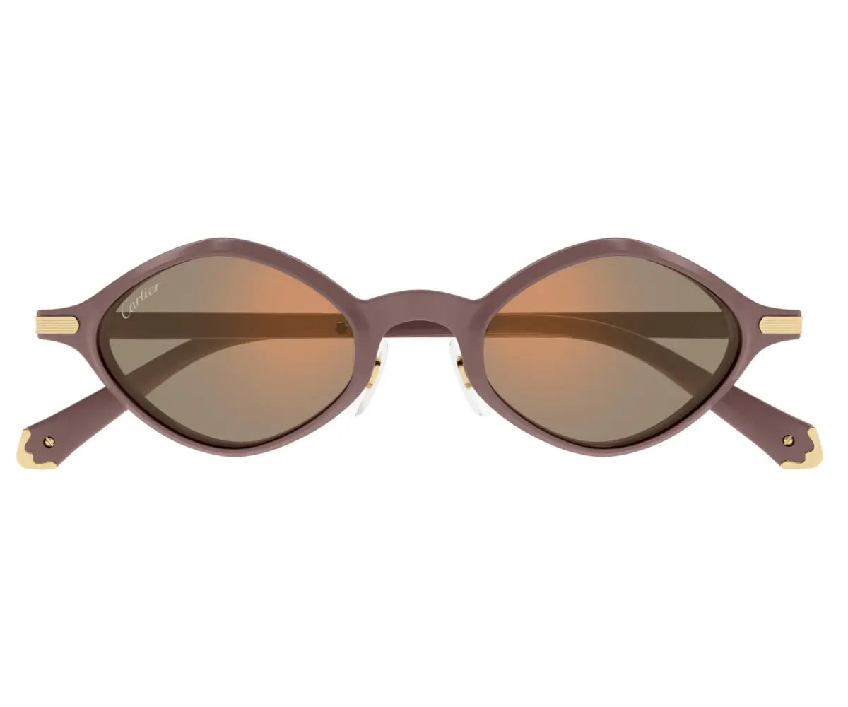 Sunglasses with brown frame and reflective lenses on a white background