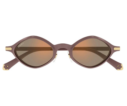 Sunglasses with brown frame and reflective lenses on a white background