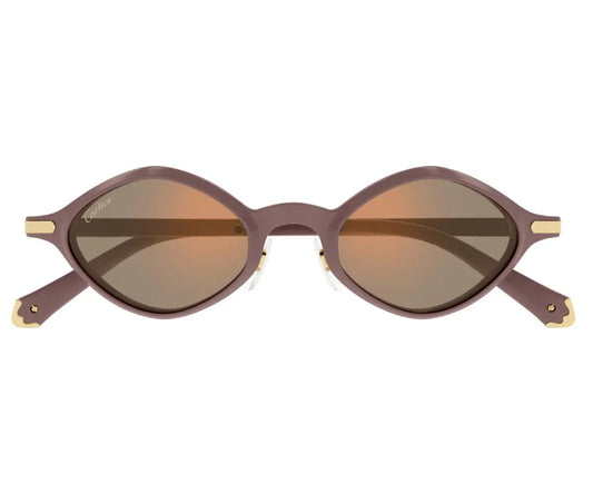 Sunglasses with brown frame and reflective lenses on a white background