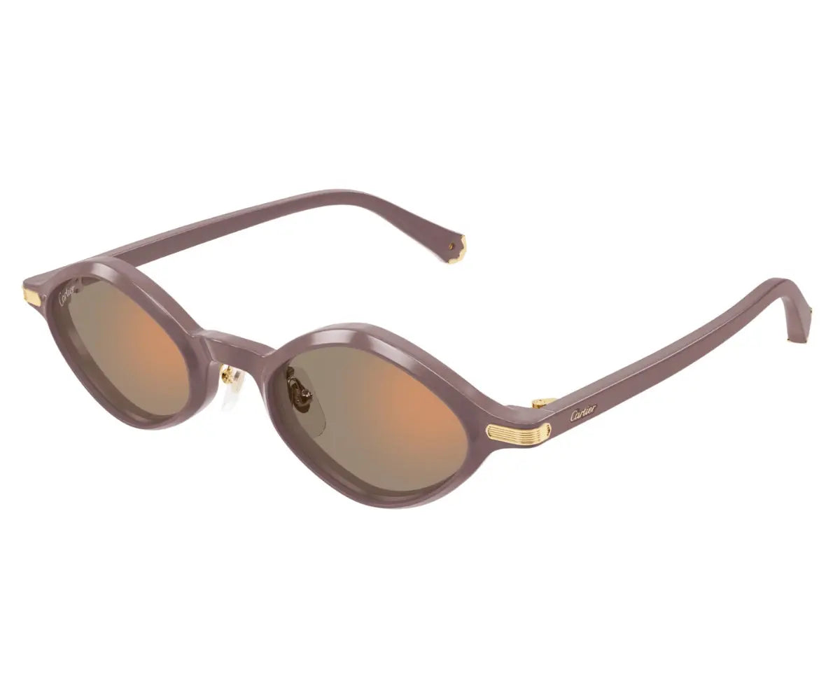 Sunglasses with a purple frame and brown lenses on a white background