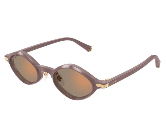 Sunglasses with a purple frame and brown lenses on a white background