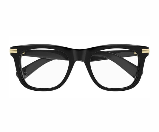 Black cat-eye glasses with gold accents on a white background
