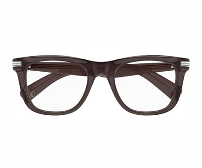 Brown eyeglasses with silver accents on a white background