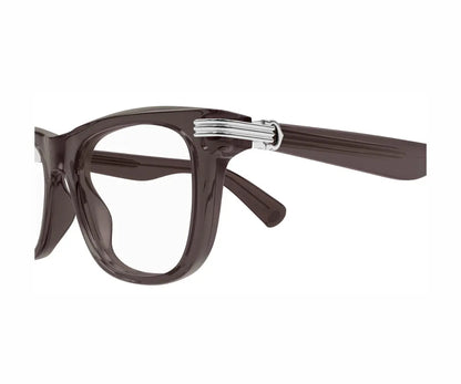 Brown eyeglasses with a silver frame on a white background