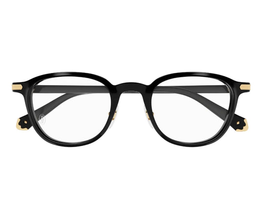Black eyeglasses with gold accents on a white background