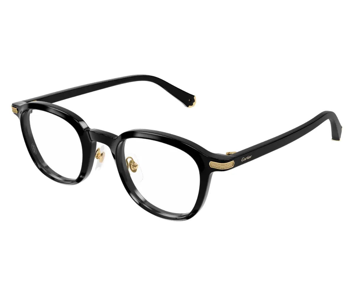 Black eyeglasses with gold accents on a white background