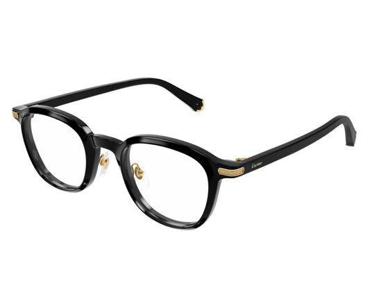 Black eyeglasses with gold accents on a white background
