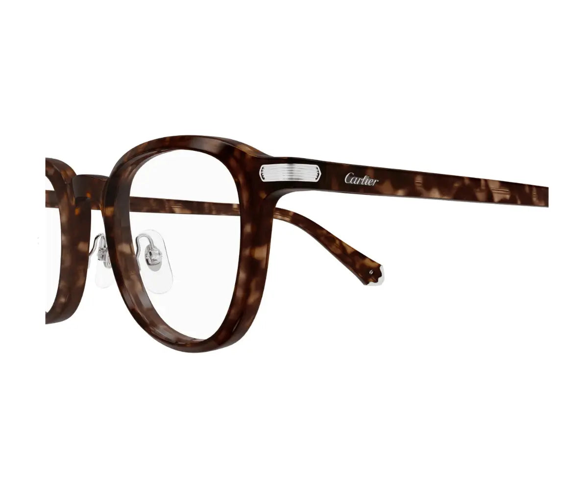 Brown tortoiseshell eyeglasses with 'Cartier' logo on a white background