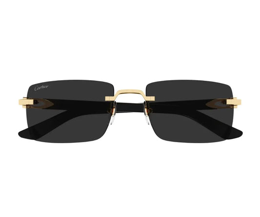 Sunglasses with gold frame and black lenses on a white background