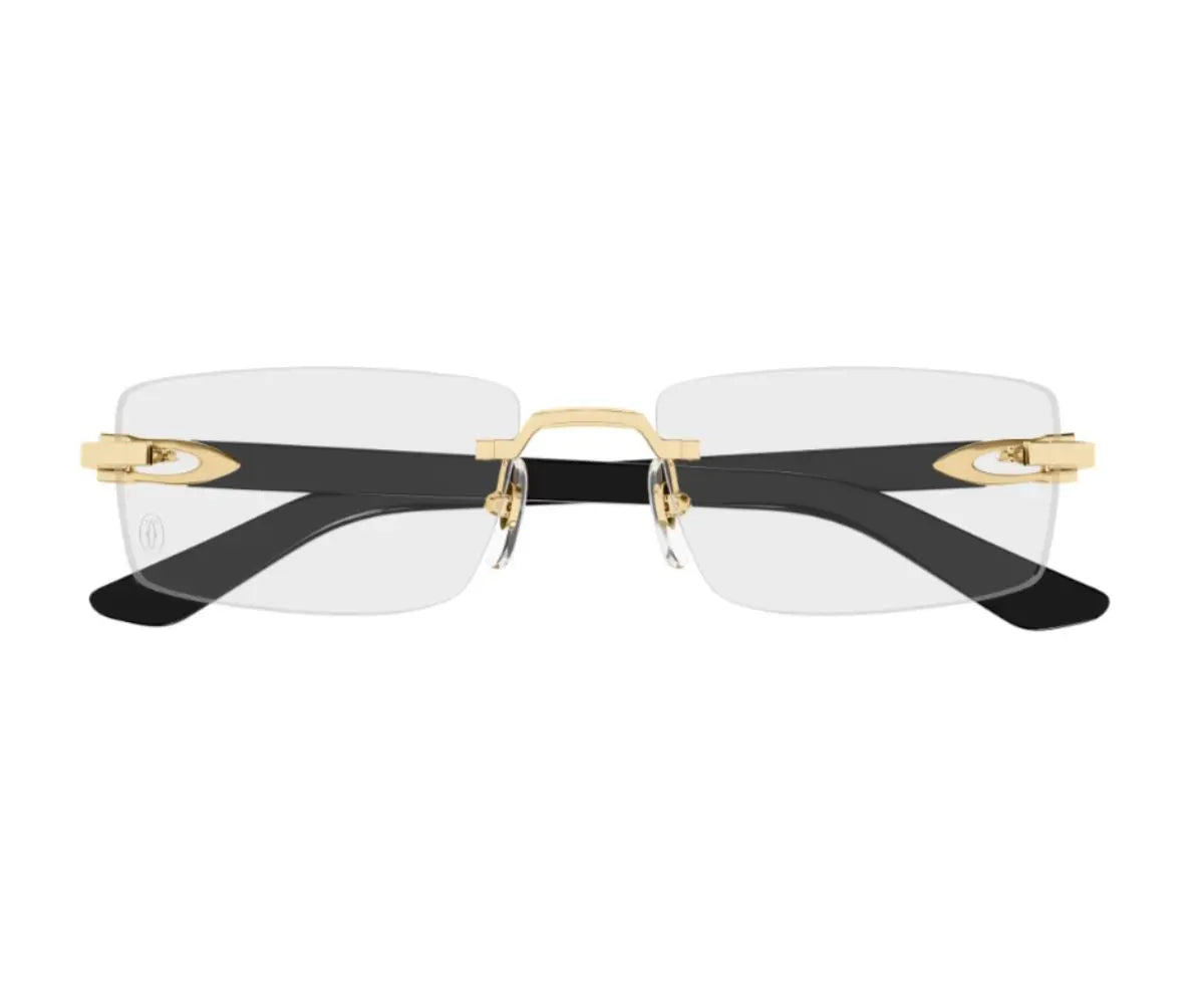 Sunglasses with gold frame and black arms on a white background