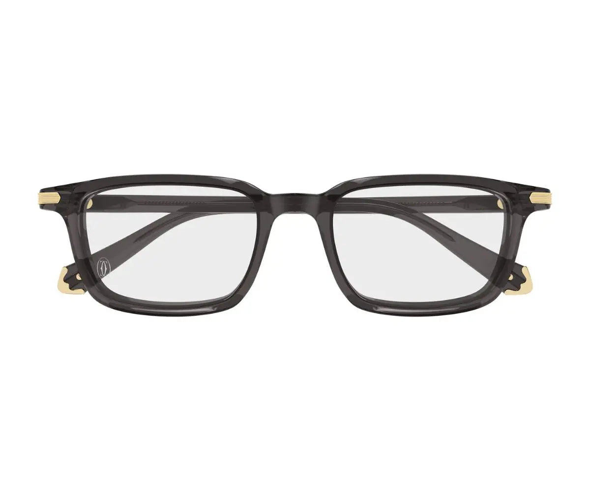 Black eyeglasses with gold accents on a white background