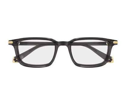Black eyeglasses with gold accents on a white background